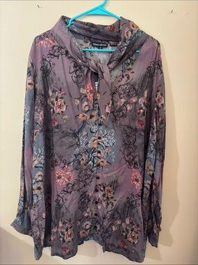 Tolani Mauve Floral Tie-Neck Blouse